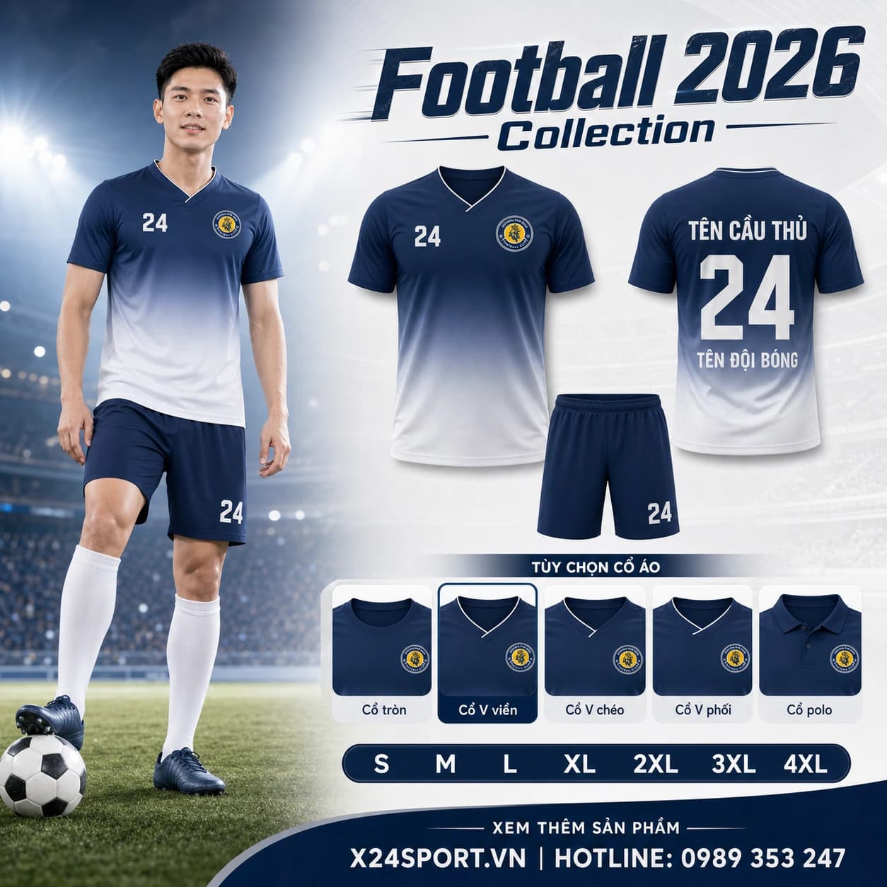 Áo bóng đá thiết kế X24-CL-181 màu xanh navy trắng – Mã X24-SRC-BD-7406