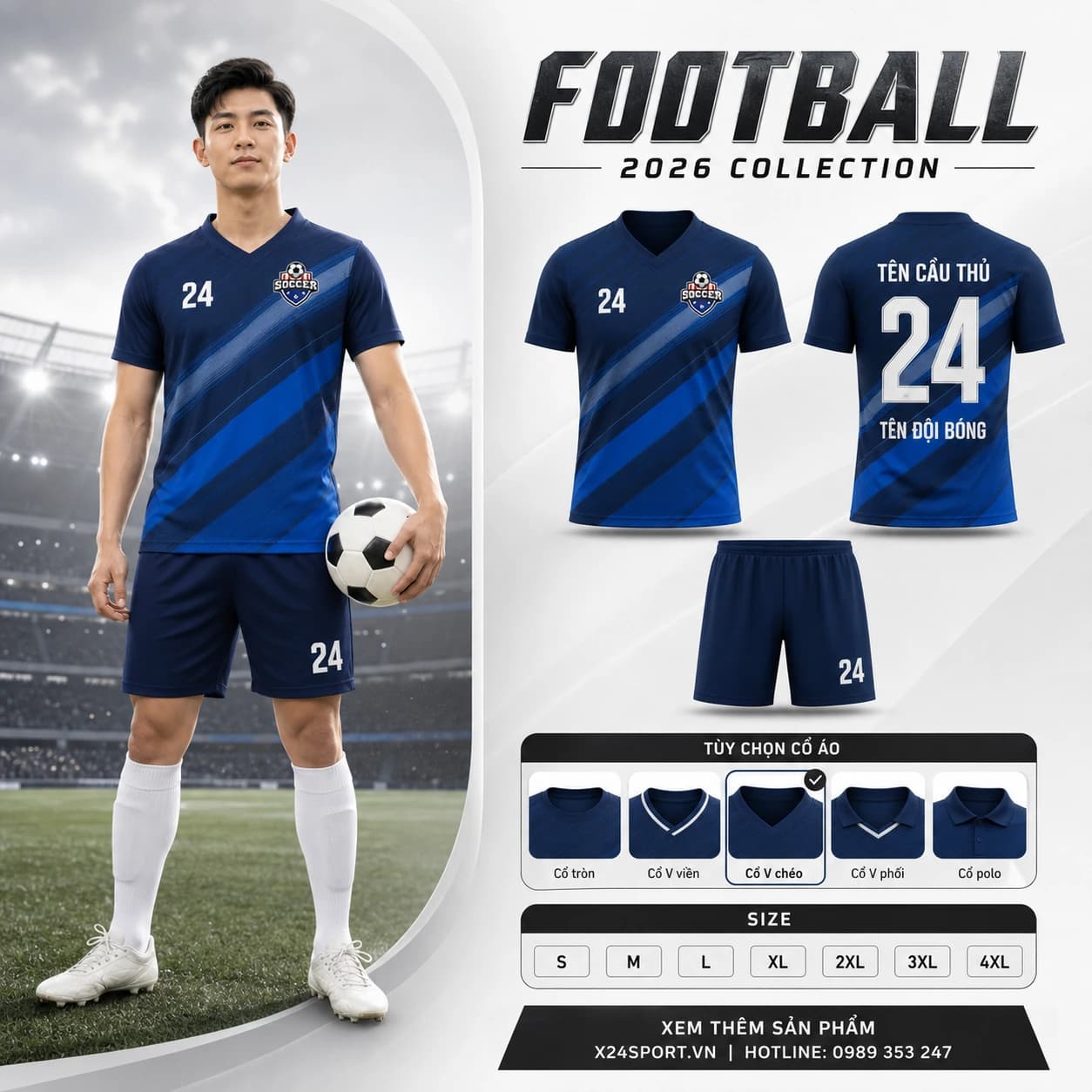 Áo bóng đá thiết kế X24-CL-524 màu xanh navy xanh dương – Mã X24-SRC-BD-7400
