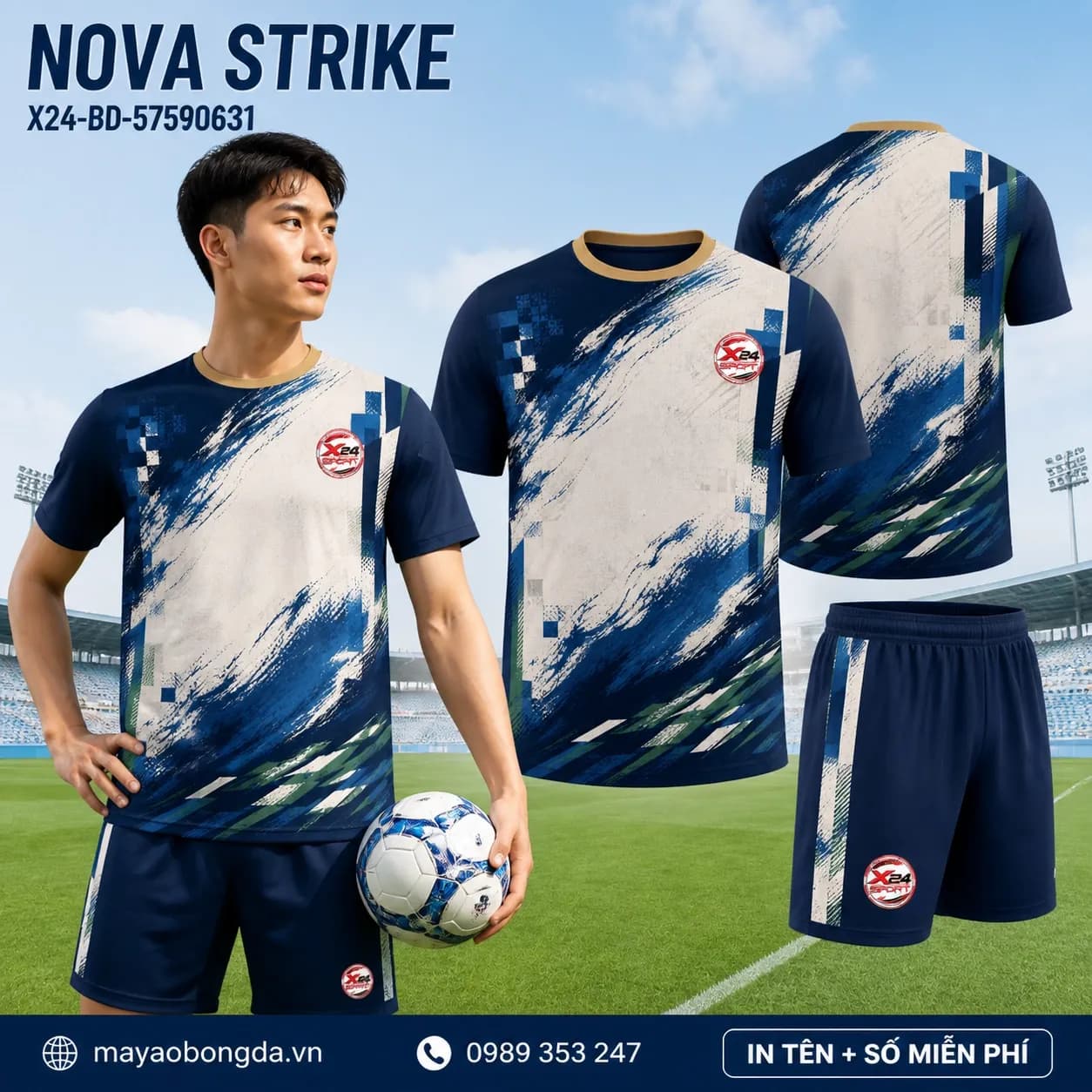 Áo bóng đá Nova Strike xanh navy cổ tròn đặt may cho đội – Mã X24-BD-57590631