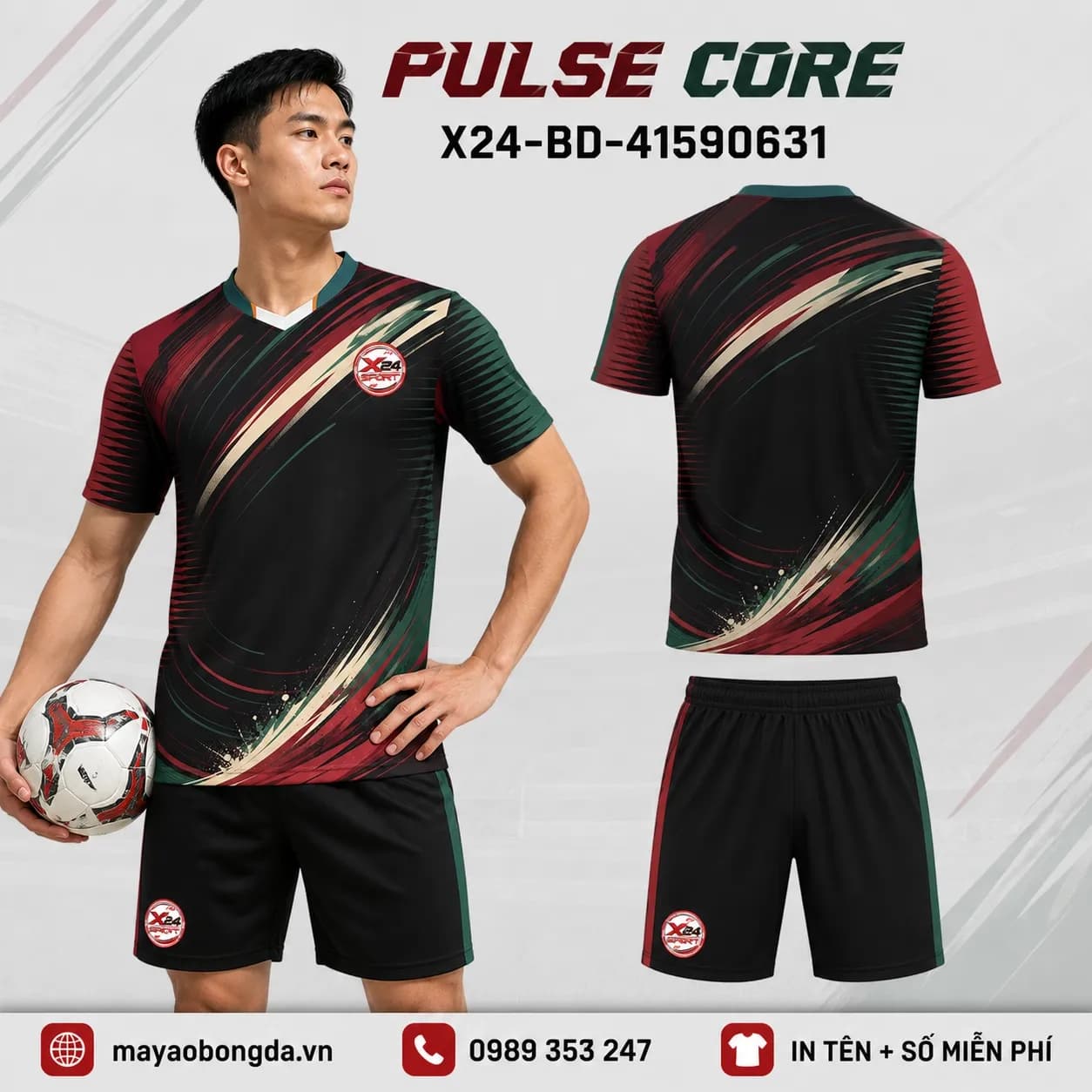 Áo bóng đá Pulse Core đỏ xanh cổ tim đặt may cho đội – Mã X24-BD-41590631
