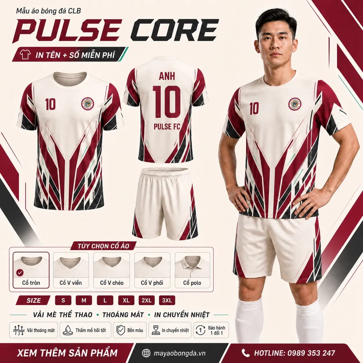 Mẫu áo bóng đá thiết kế riêng Pulse Core trắng đỏ đô