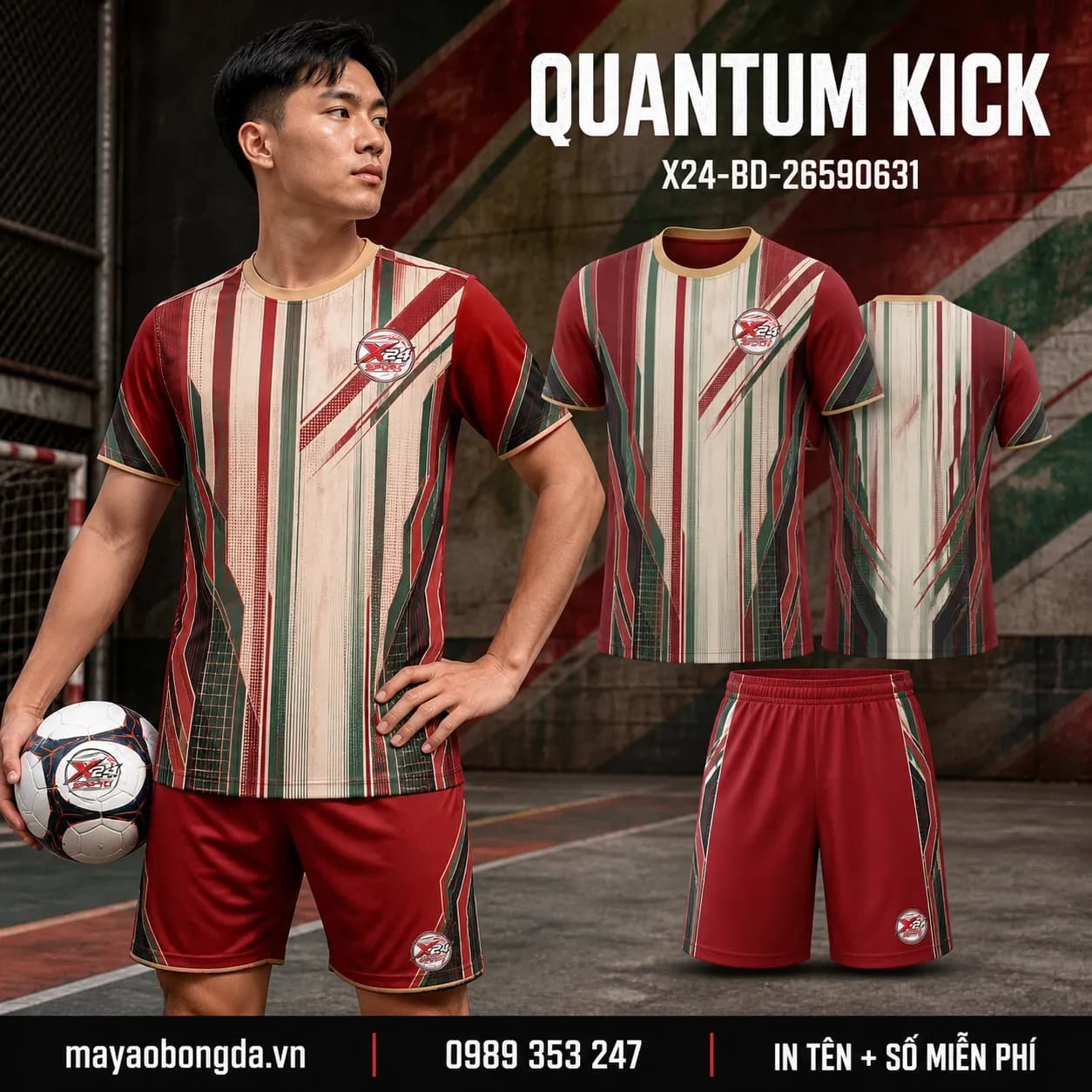 Áo bóng đá Quantum Kick đỏ xanh cổ tròn đặt may cho đội – Mã X24-BD-26590631