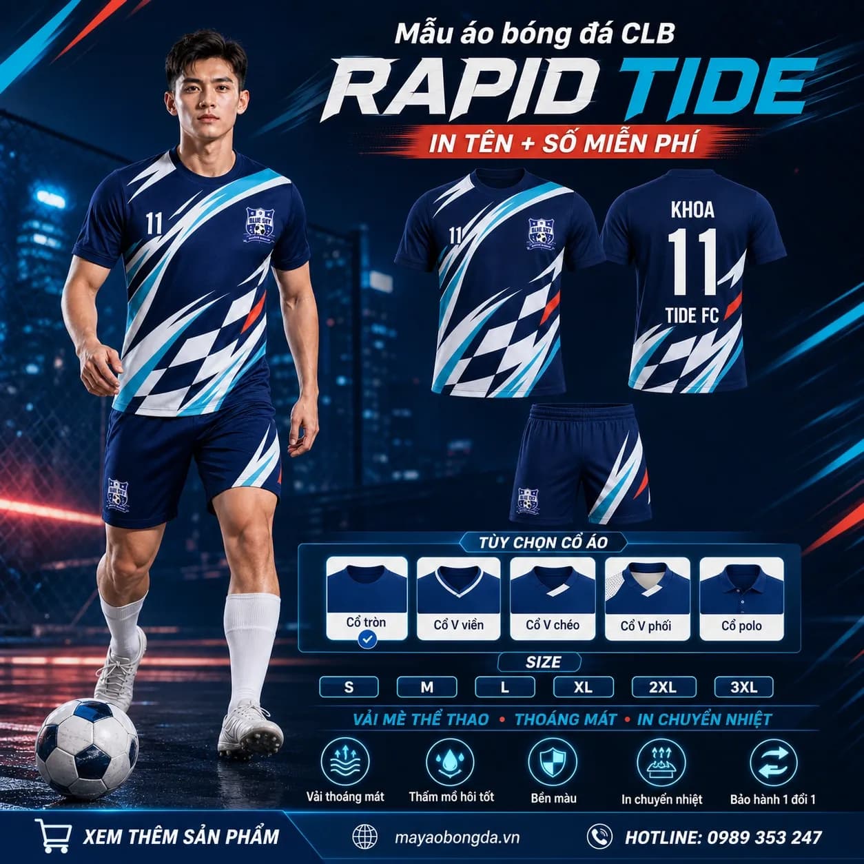 Mẫu áo bóng đá thiết kế riêng Rapid Tide xanh navy