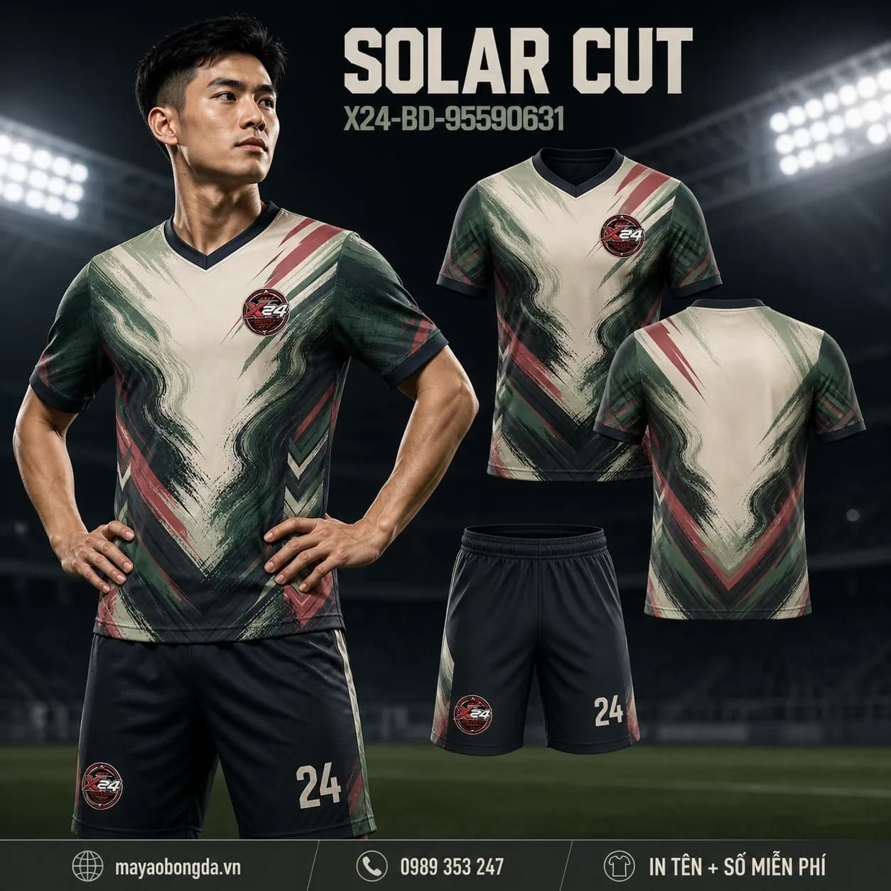 Áo bóng đá Solar Cut xanh sage cổ tim đặt may cho đội – Mã X24-BD-95590631