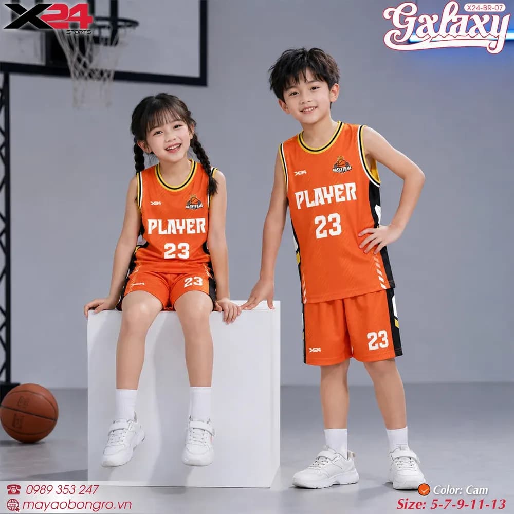 Mẫu áo bóng rổ trẻ em X24-BR-07 màu Cam tại X24 Sport