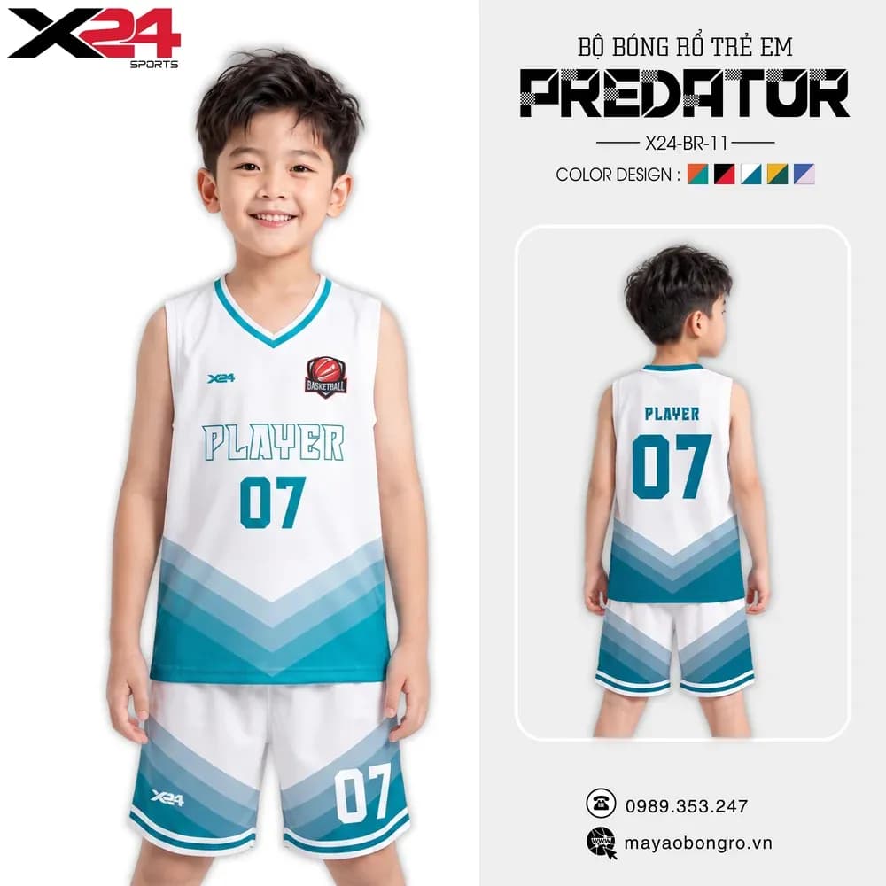 Mẫu áo bóng rổ trẻ em X24-BR-11 màu Trắng tại X24 Sport
