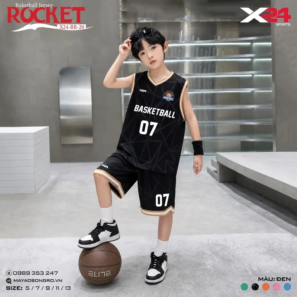 Mẫu áo bóng rổ trẻ em mẫu thiết kế riêng Rocket màu Đen tại X24 Sport