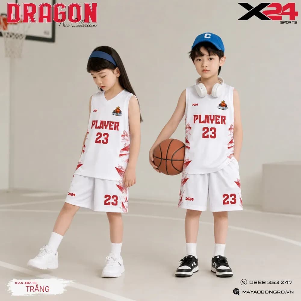 Mẫu áo bóng rổ trẻ em X24-BR-16 màu Trắng tại X24 Sport