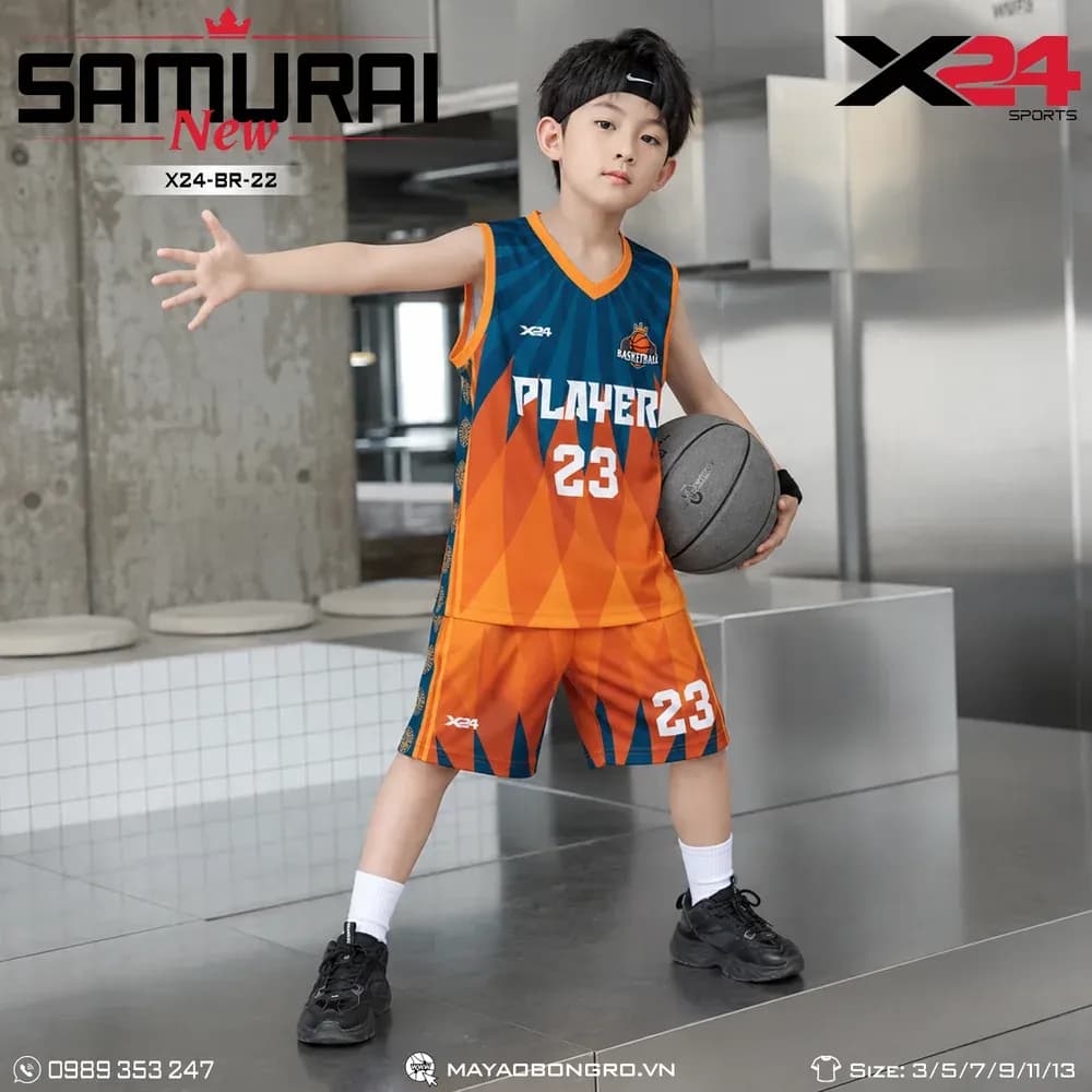 Mẫu áo bóng rổ trẻ em X24-BR-22 màu Cam tại X24 Sport