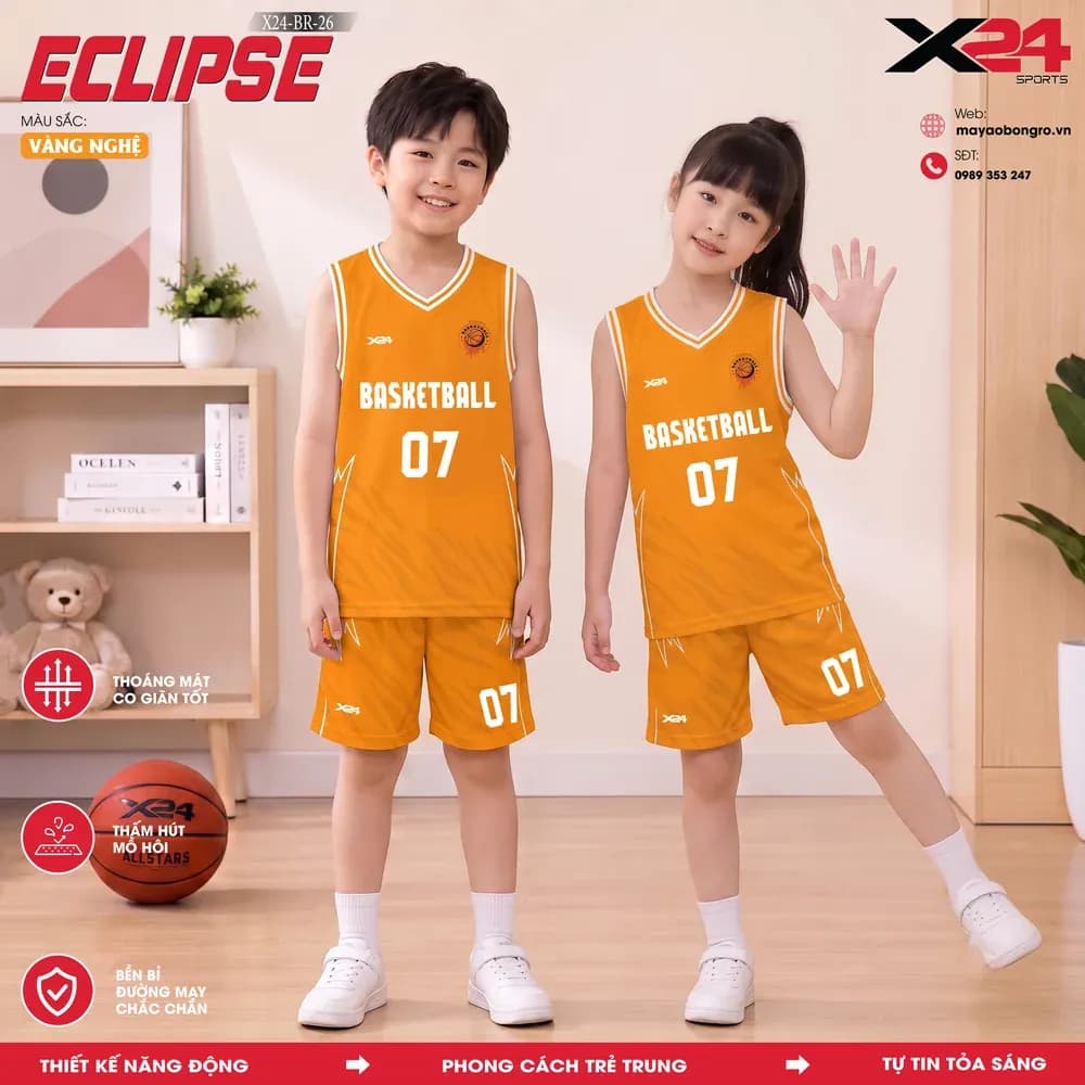 Mẫu áo bóng rổ trẻ em X24-BR-26 Eclipse màu Cam tại X24 Sport