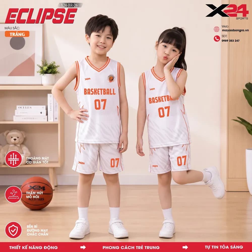 Mẫu áo bóng rổ trẻ em X24-BR-26 Eclipse màu Trắng tại X24 Sport