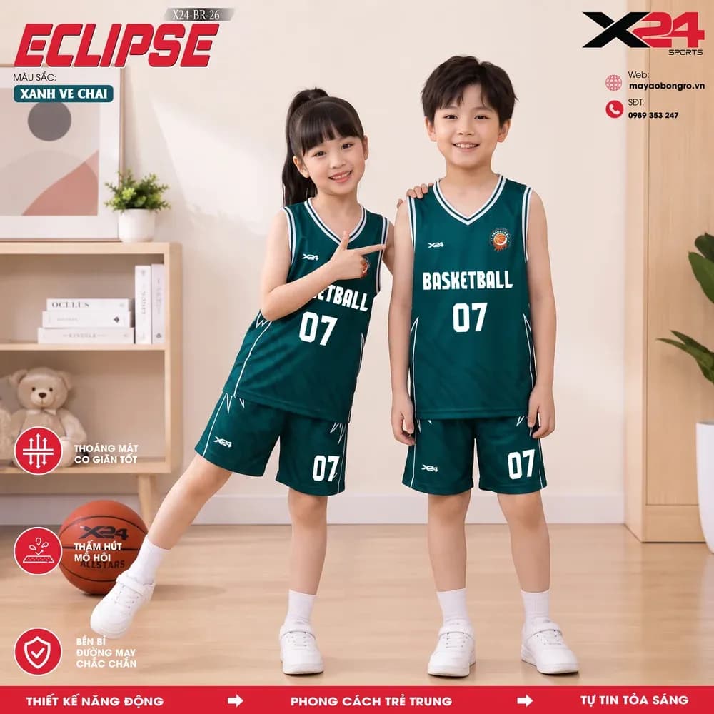 Mẫu áo bóng rổ trẻ em X24-BR-26 Eclipse màu Xanh ve chai tại X24 Sport
