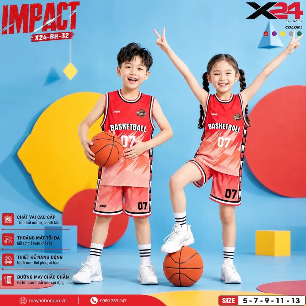 Mẫu áo bóng rổ trẻ em X24-BR-32 màu Đỏ tại X24 Sport