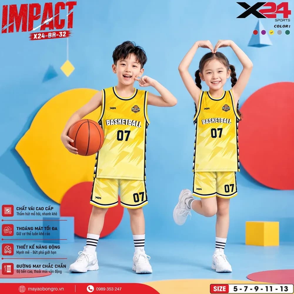 Mẫu áo bóng rổ trẻ em X24-BR-32 màu Vàng tại X24 Sport