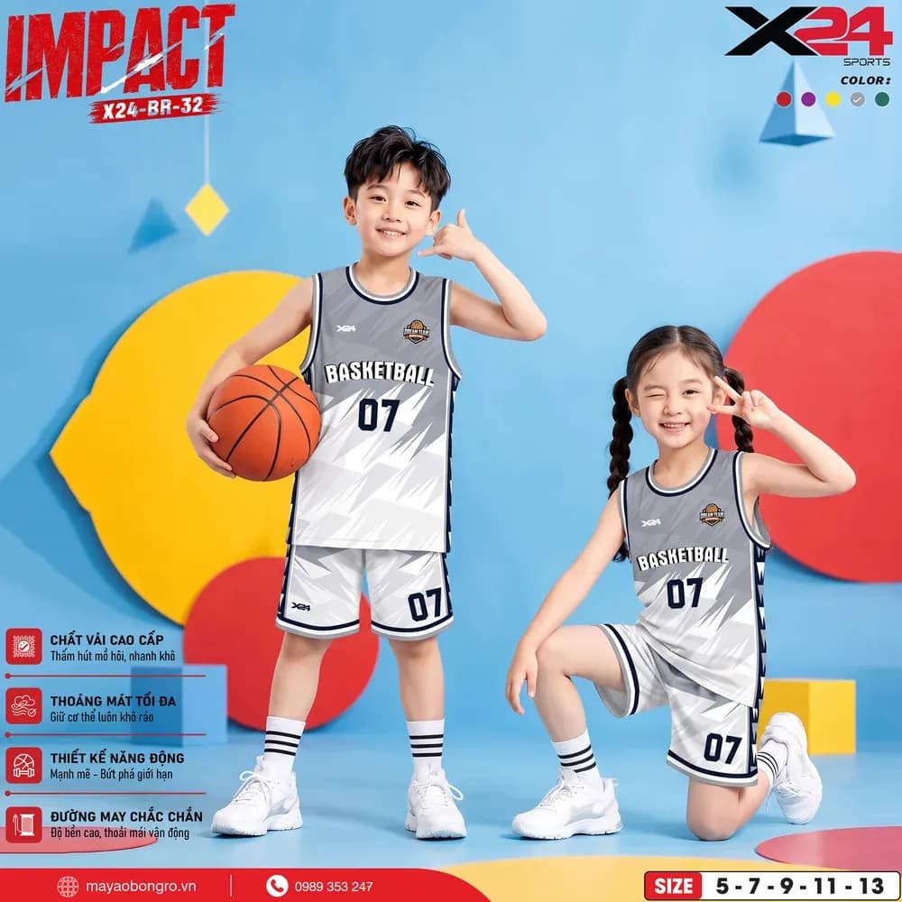 Mẫu áo bóng rổ trẻ em X24-BR-32 màu Xám tại X24 Sport