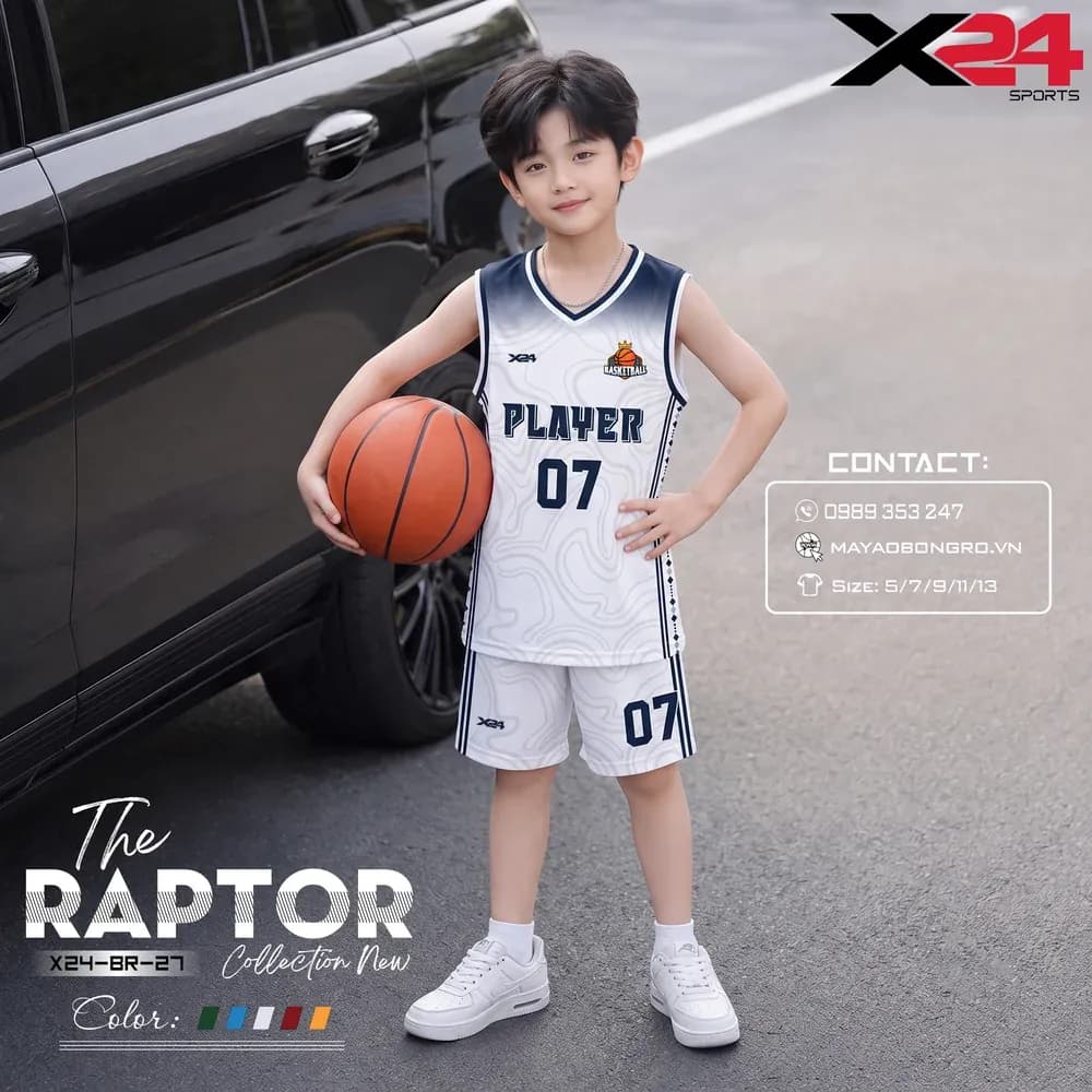 Mẫu áo bóng rổ trẻ em mẫu thiết kế riêng màu Trắng tại X24 Sport