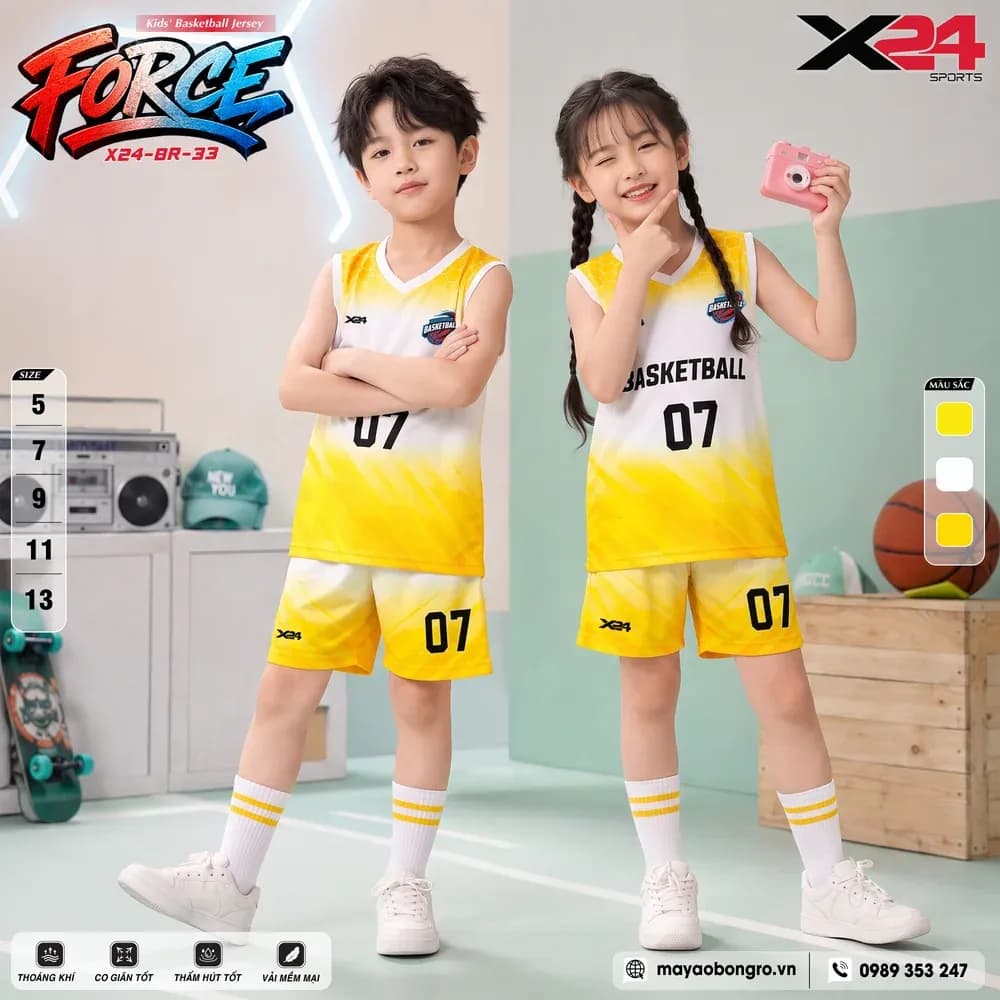 Mẫu áo bóng rổ trẻ em mẫu thiết kế riêng màu Vàng tại X24 Sport
