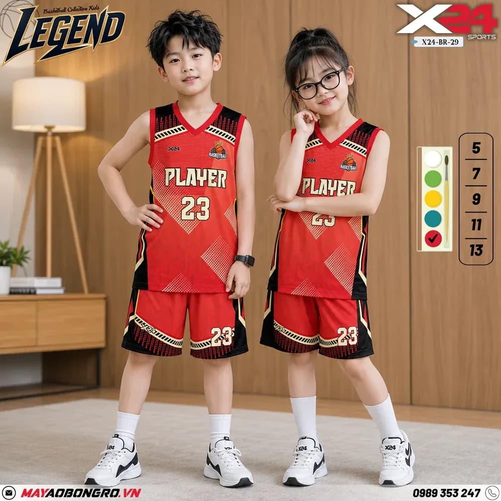 Mẫu áo bóng rổ trẻ em mẫu thiết kế riêng màu Đỏ tại X24 Sport