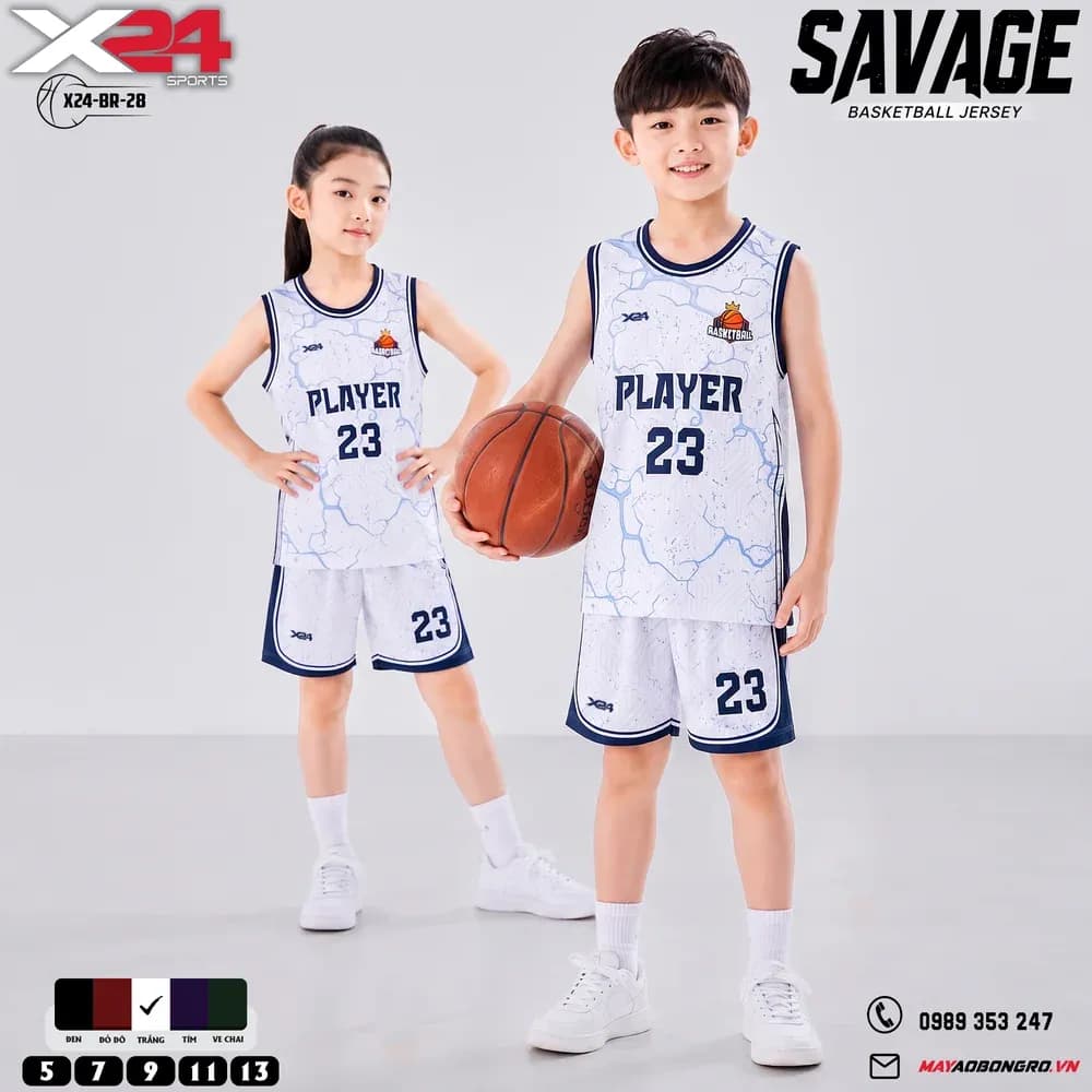 Mẫu áo bóng rổ trẻ em mẫu thiết kế riêng màu Trắng tại X24 Sport