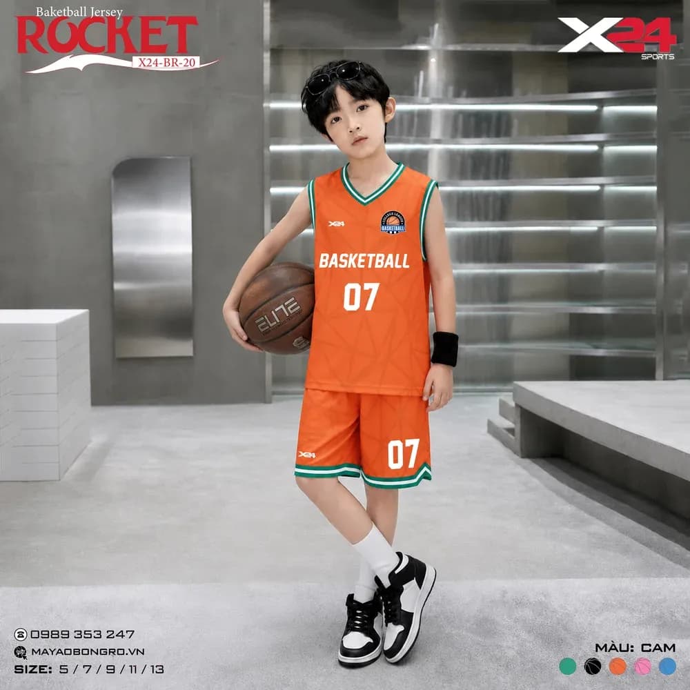 Mẫu áo bóng rổ trẻ em mẫu thiết kế riêng Rocket màu Cam tại X24 Sport