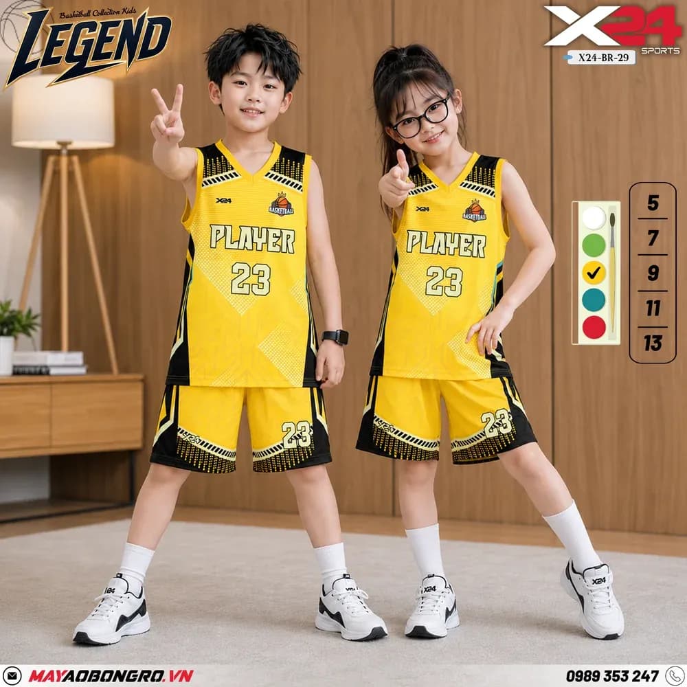 Mẫu áo bóng rổ trẻ em mẫu thiết kế riêng màu Vàng tại X24 Sport