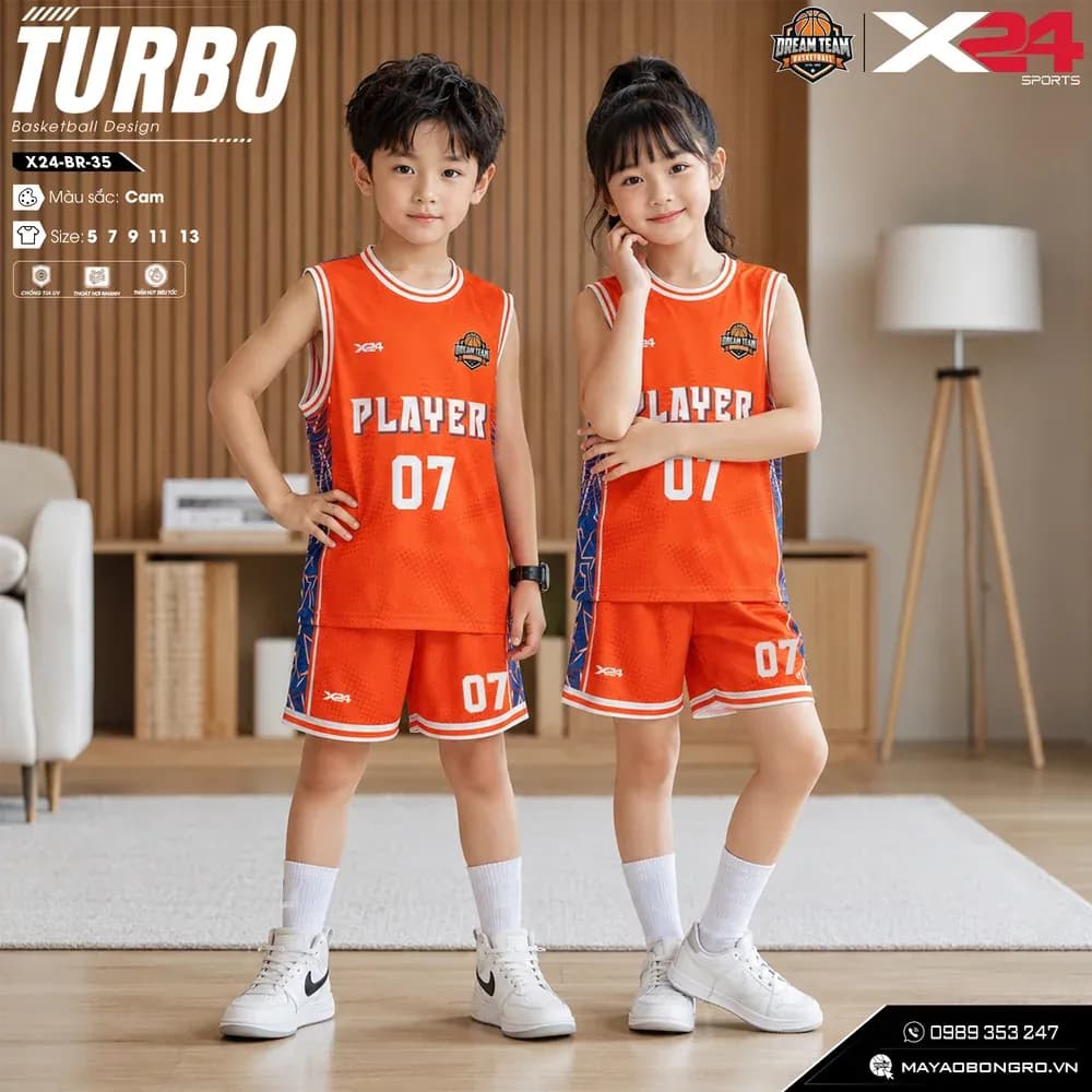 Mẫu áo bóng rổ trẻ em mẫu thiết kế riêng màu Cam tại X24 Sport