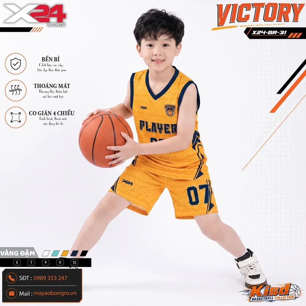 Mẫu áo bóng rổ trẻ em mẫu thiết kế riêng màu Cam, Đen tại X24 Sport