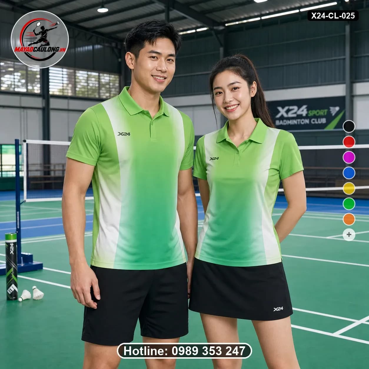 Áo cầu lông đặt may X24-CL-025 xanh lá, trắng áo có cổ, tay ngắn - ảnh sản phẩm 1