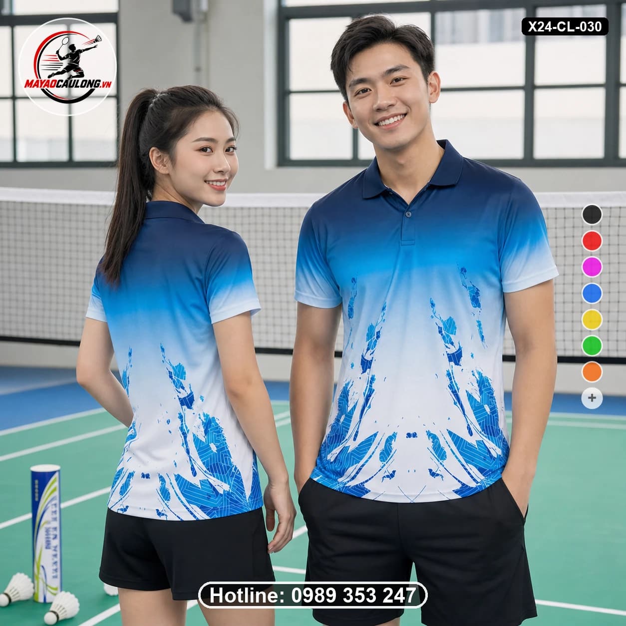 Áo cầu lông đặt may X24-CL-030 xanh navy, xanh dương, xanh cyan, trắng áo có cổ, tay ngắn - ảnh sản phẩm 1