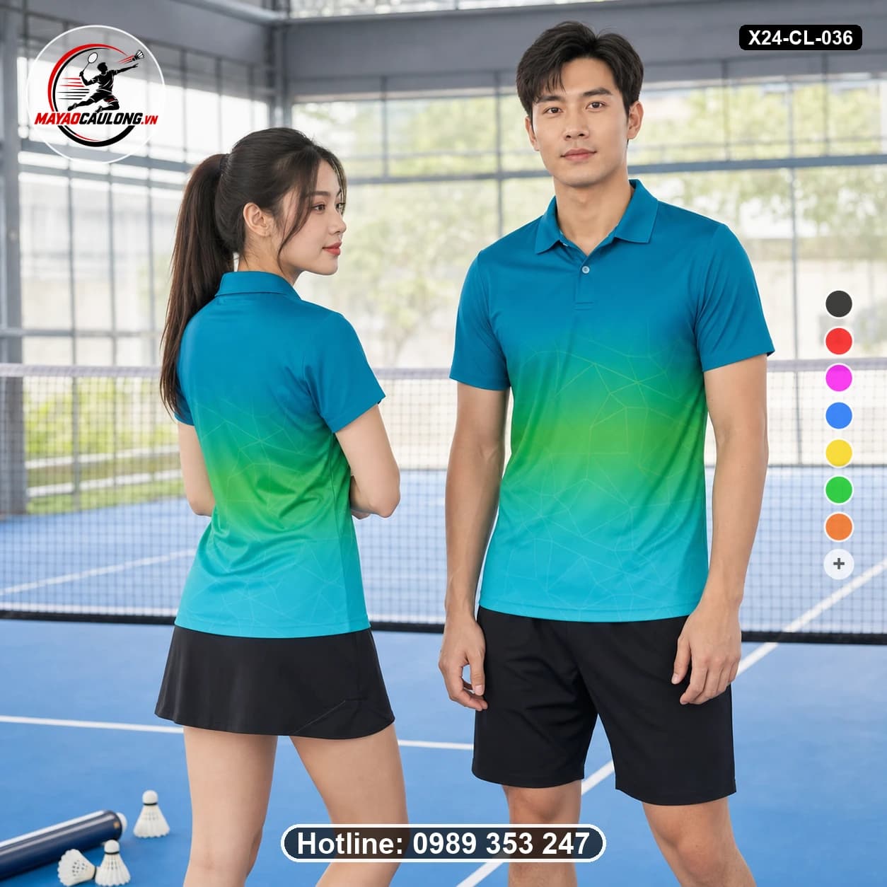 Áo cầu lông đặt may X24-CL-036 xanh teal, xanh lục, xanh cyan, vàng áo có cổ, tay ngắn - ảnh sản phẩm 1