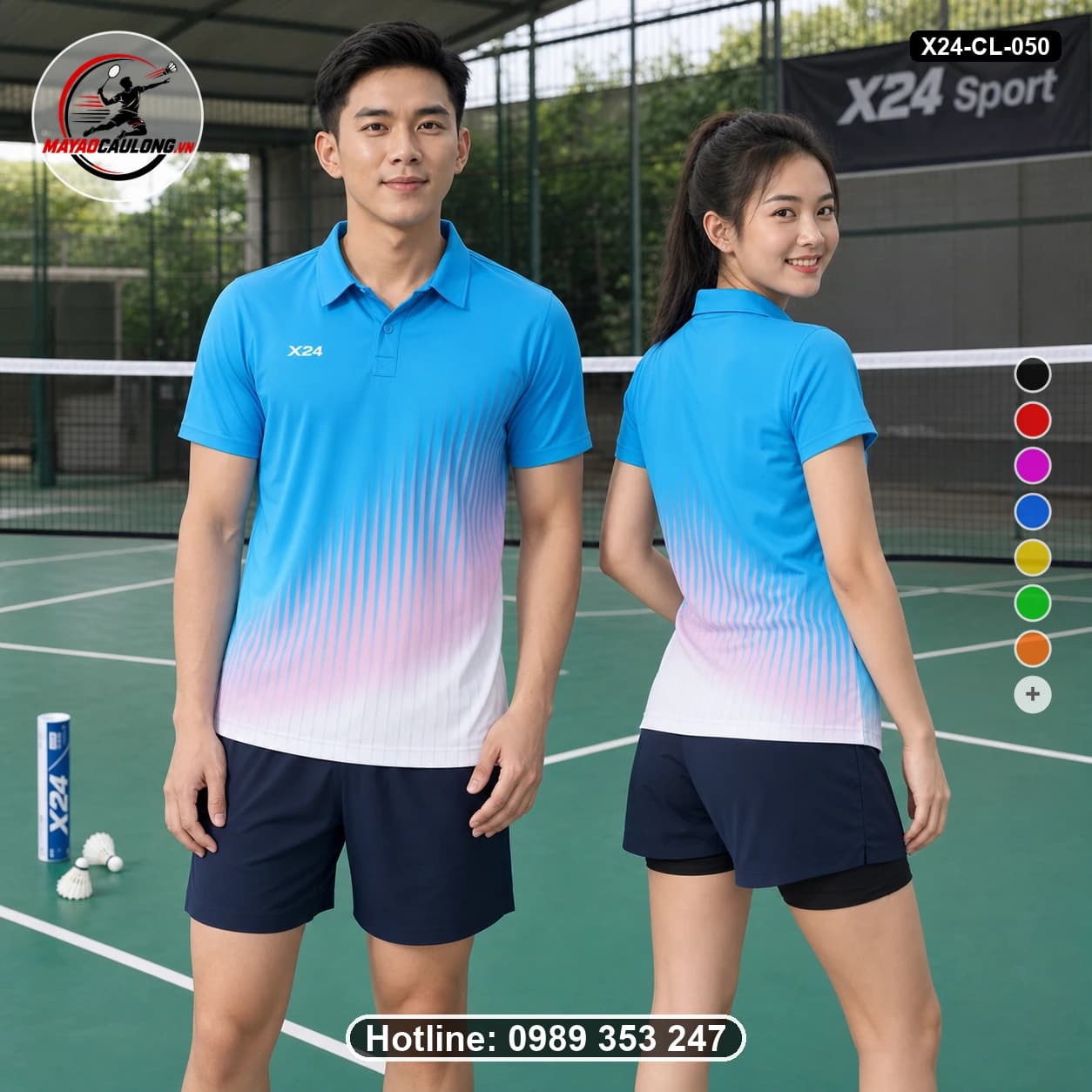 Áo cầu lông đặt may X24-CL-050 xanh cyan, trắng, hồng tím áo có cổ, tay ngắn - ảnh sản phẩm 1