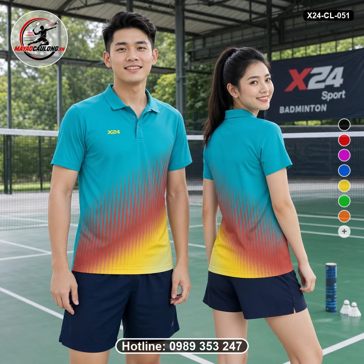 Áo cầu lông đặt may X24-CL-051 xanh ngọc, đỏ cam, vàng áo có cổ, tay ngắn - ảnh sản phẩm 1