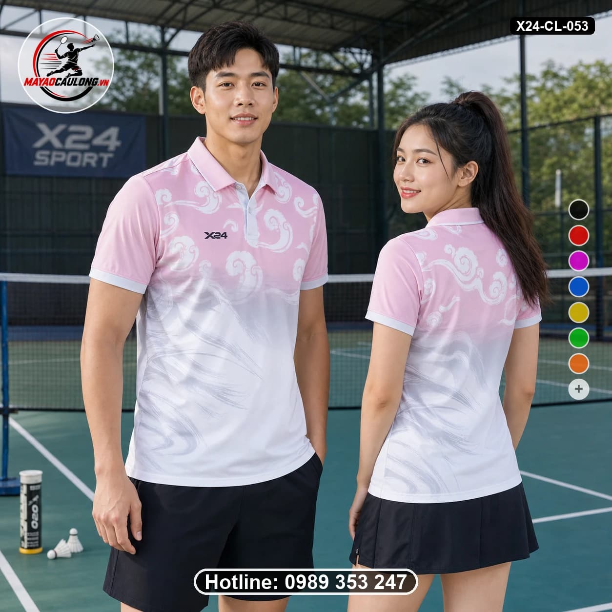 Áo cầu lông đặt may X24-CL-053 hồng pastel, trắng, xám bạc áo có cổ, tay ngắn - ảnh sản phẩm 1