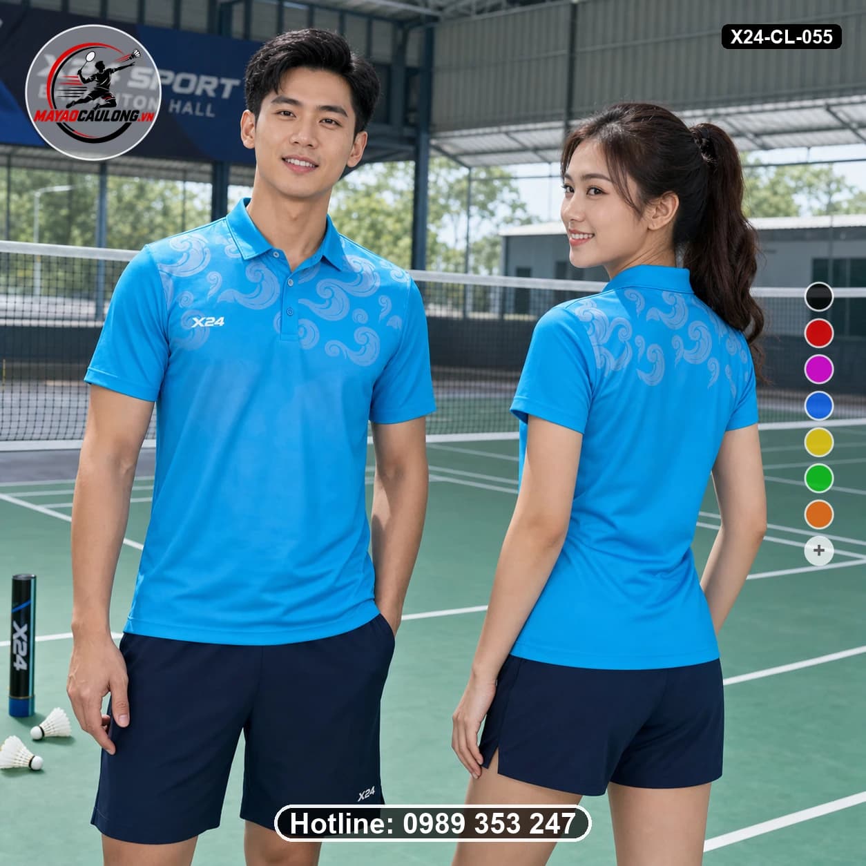 Áo cầu lông đặt may X24-CL-055 xanh cyan, xanh dương nhạt, trắng bạc áo có cổ, tay ngắn - ảnh sản phẩm 1