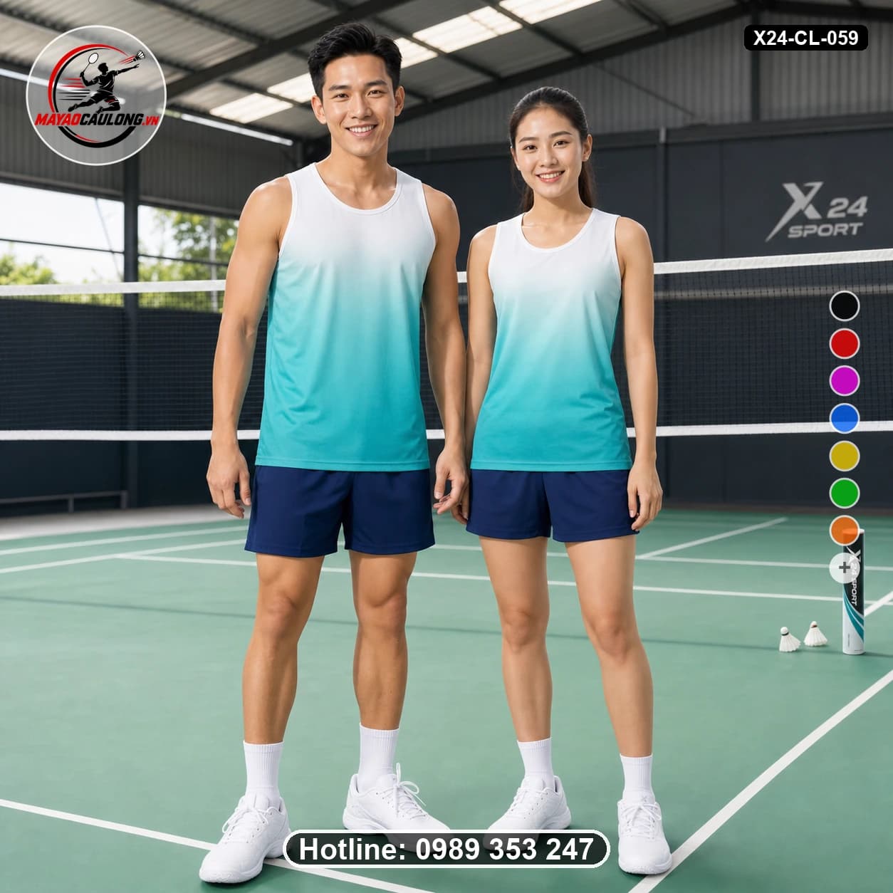 Áo cầu lông đặt may X24-CL-059 trắng, xanh ngọc, xanh turquoise, xanh teal áo không tay cổ tròn, vai rộng, nách khoét nông - ảnh sản phẩm 1