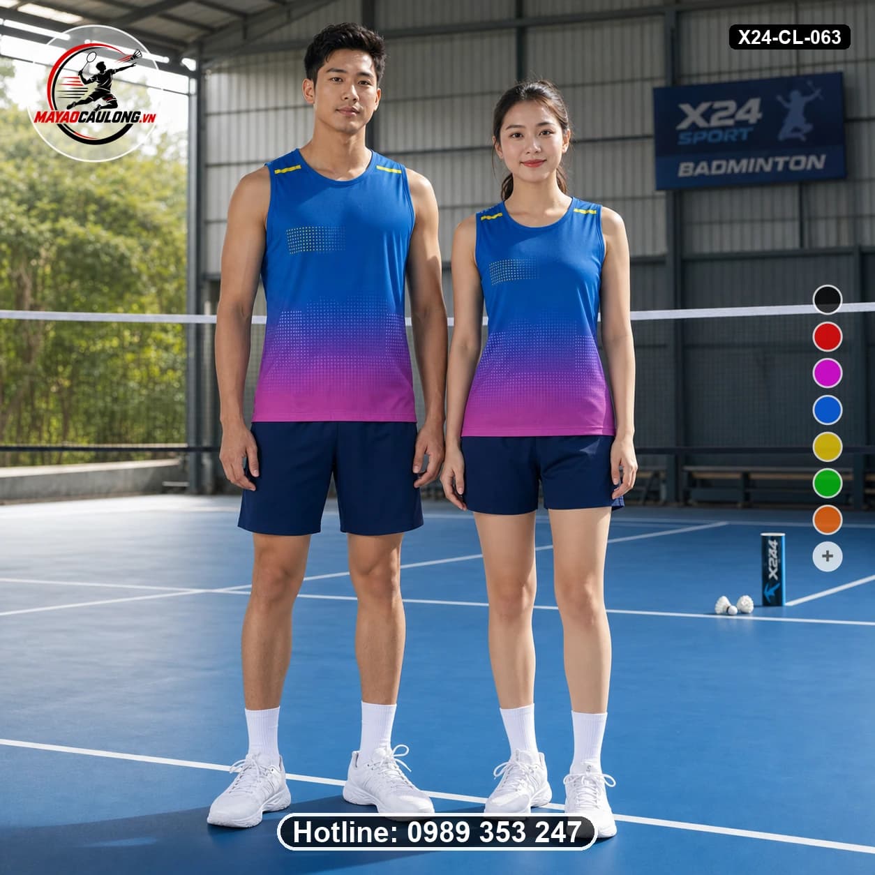 Áo cầu lông đặt may X24-CL-063 xanh dương, hồng magenta, tím, vàng áo không tay cổ tròn, vai rộng, nách khoét nông - ảnh sản phẩm 1