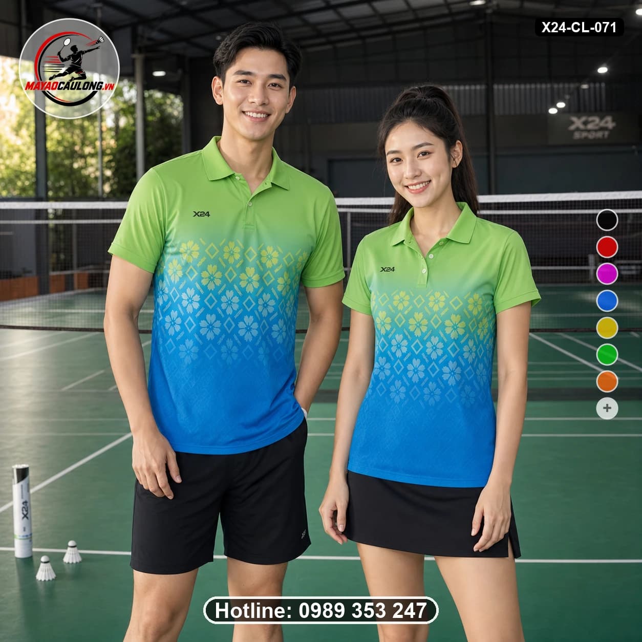 Áo cầu lông đặt may X24-CL-071 xanh lá non, xanh dương sáng, vàng nhạt áo có cổ, tay ngắn - ảnh sản phẩm 1