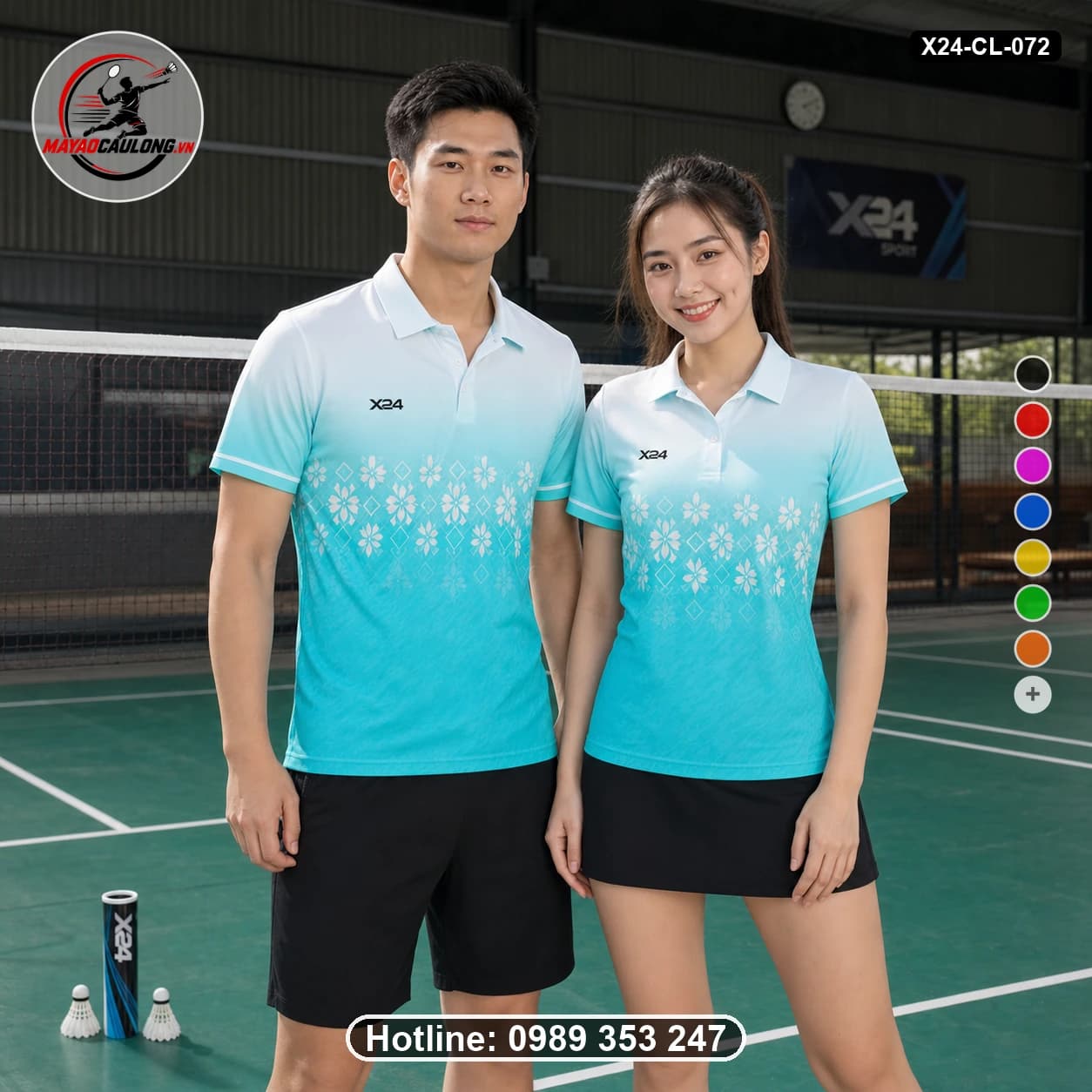 Áo cầu lông đặt may X24-CL-072 trắng, xanh ngọc, cyan sáng áo có cổ, tay ngắn - ảnh sản phẩm 1