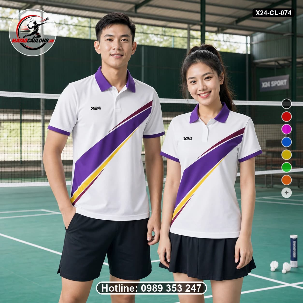 Áo cầu lông đặt may X24-CL-074 trắng, tím, vàng, mận đậm áo có cổ, tay ngắn - ảnh sản phẩm 1