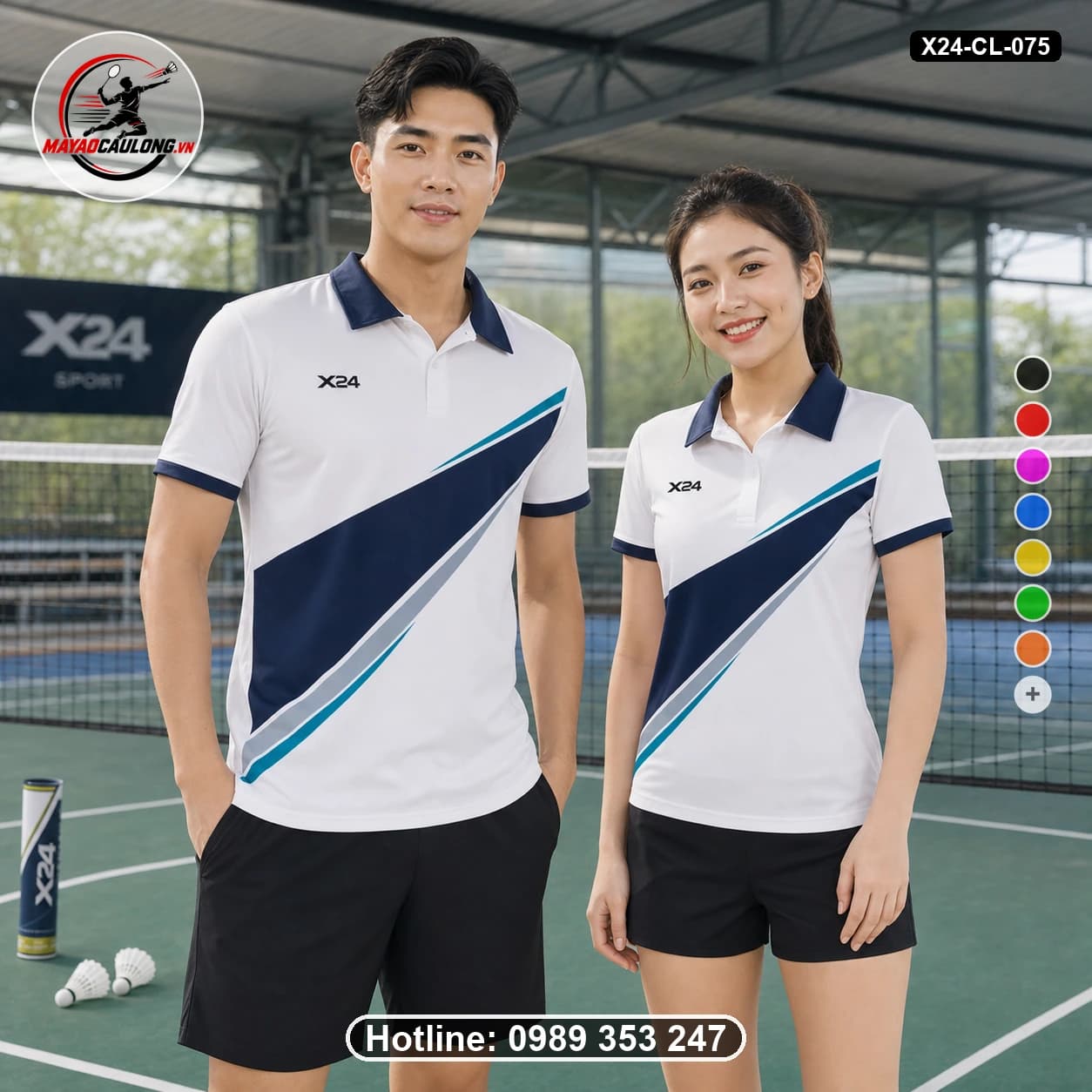 Áo cầu lông đặt may X24-CL-075 trắng, xanh navy, xanh cyan, xám bạc áo có cổ, tay ngắn - ảnh sản phẩm 1