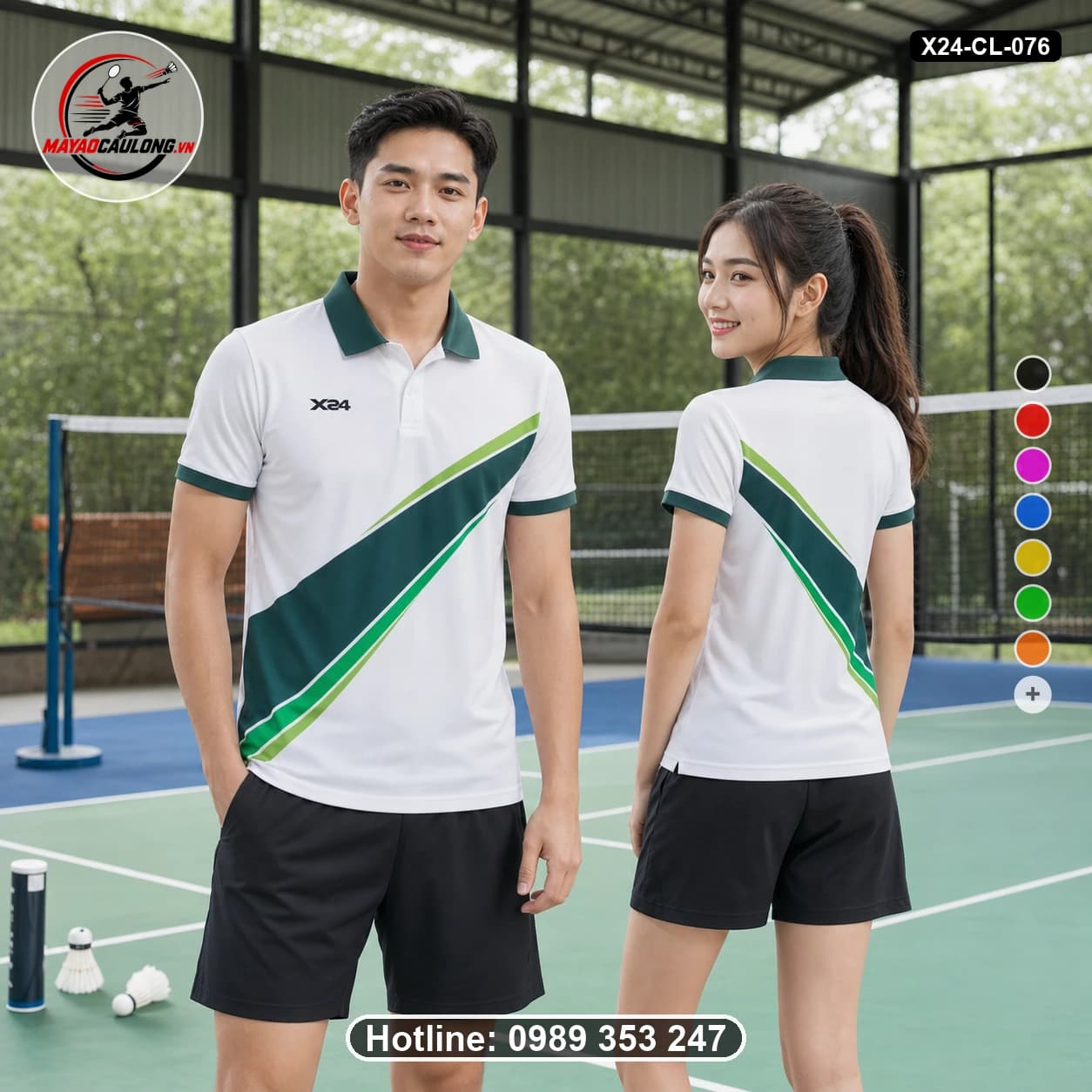 Áo cầu lông đặt may X24-CL-076 trắng, xanh ve chai, xanh lá chanh áo có cổ, tay ngắn - ảnh sản phẩm 1