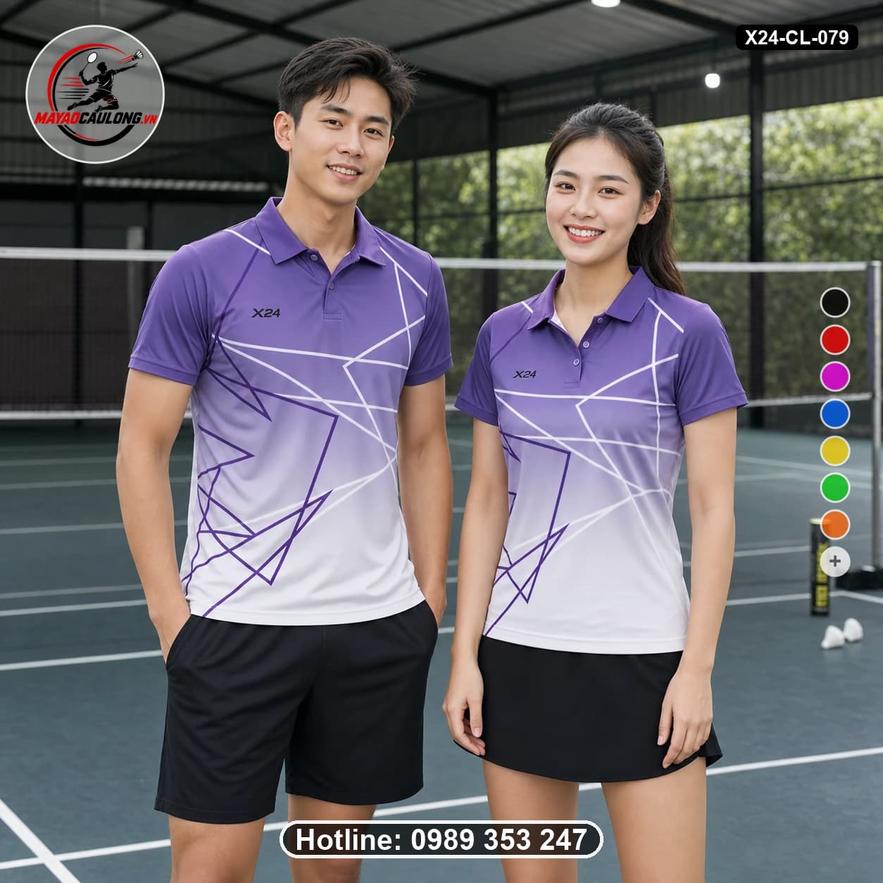 Áo cầu lông đặt may X24-CL-079 tím, xám-nhạt, trắng áo có cổ, tay ngắn - ảnh sản phẩm 1