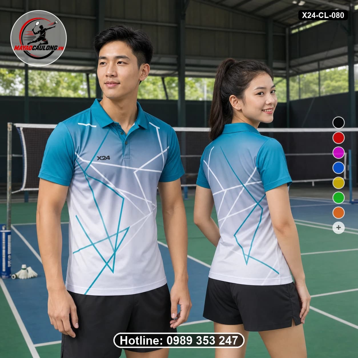 Áo cầu lông đặt may X24-CL-080 xanh-ngọc, xám-nhạt, trắng áo có cổ, tay ngắn - ảnh sản phẩm 1