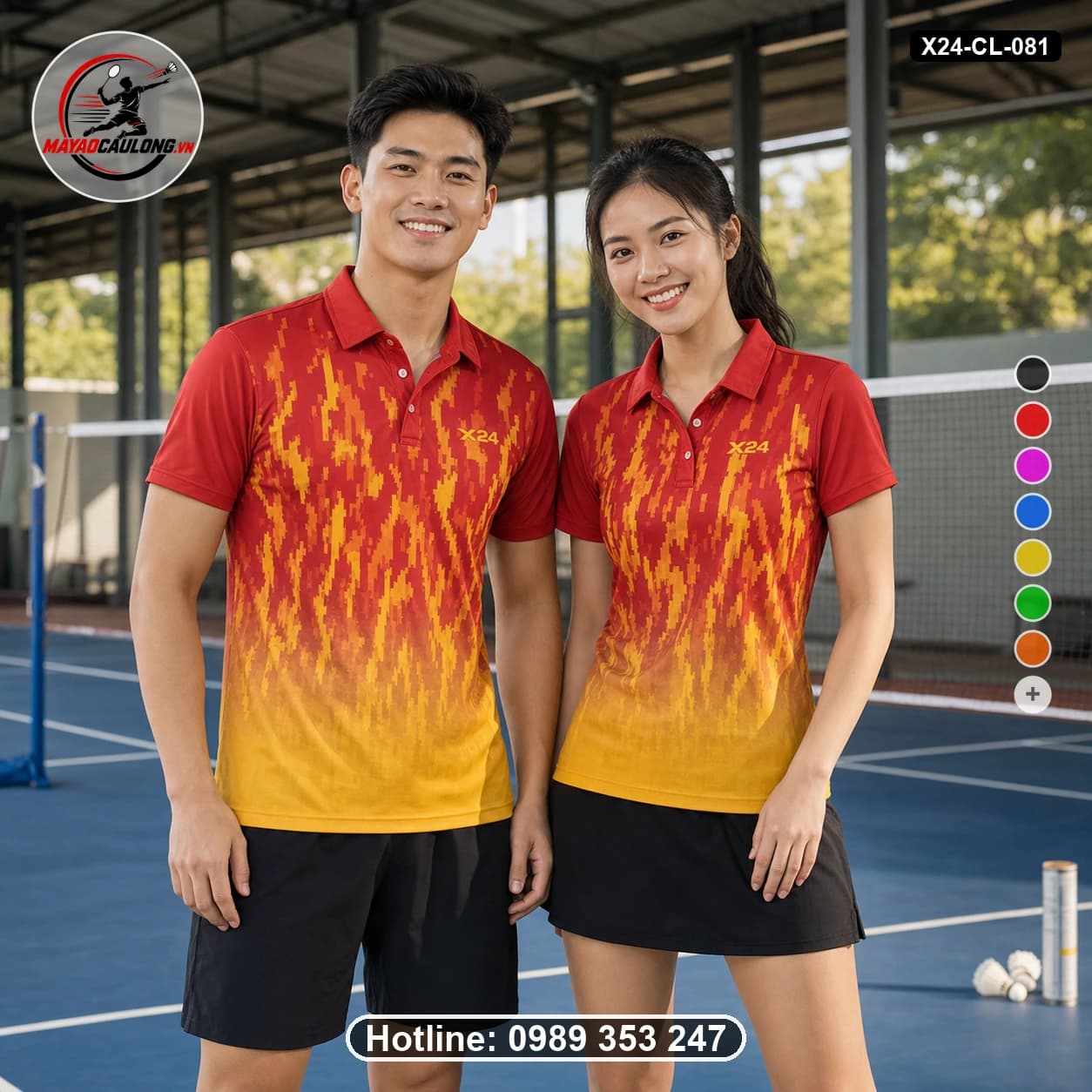 Áo cầu lông đặt may X24-CL-081 đỏ, cam, vàng áo có cổ, tay ngắn - ảnh sản phẩm 1