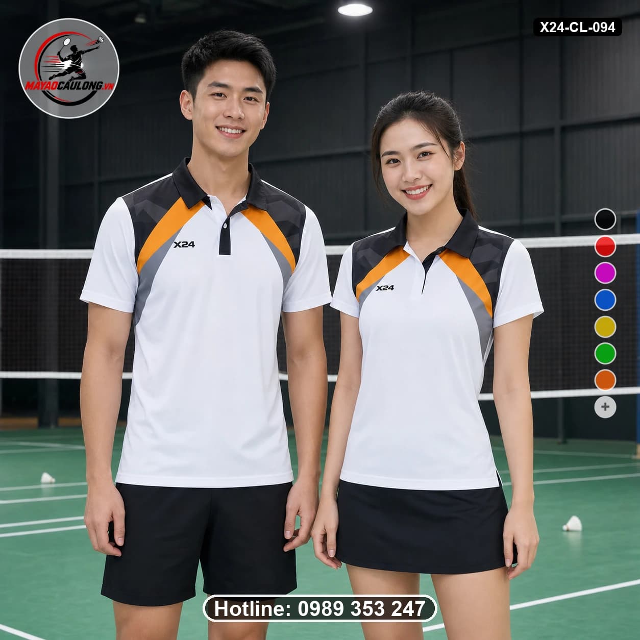 Áo cầu lông đặt may X24-CL-094 trắng, đen than, xám, cam áo có cổ, tay ngắn - ảnh sản phẩm 1