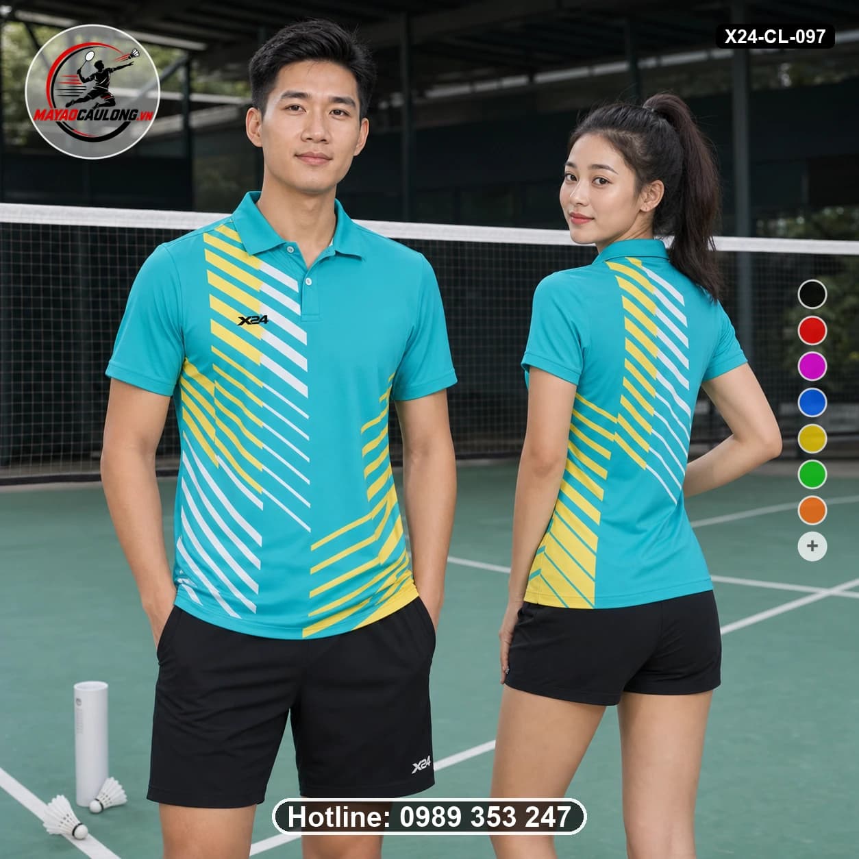 Áo cầu lông đặt may X24-CL-097 xanh ngọc, vàng tươi, trắng áo có cổ, tay ngắn - ảnh sản phẩm 1