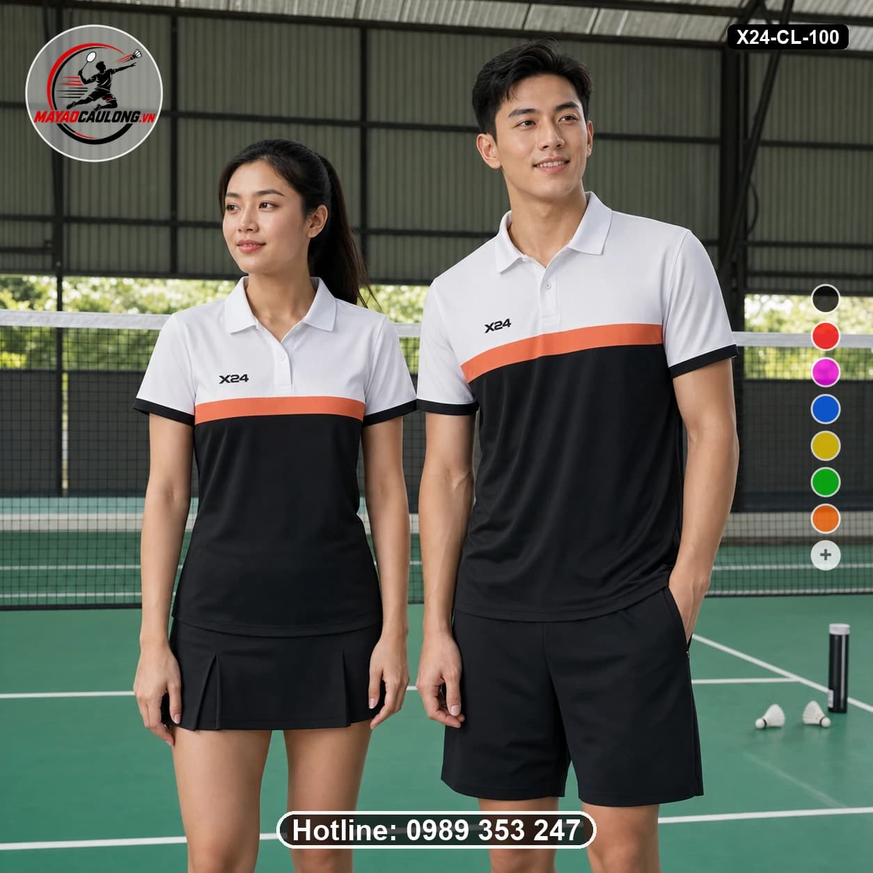 Áo cầu lông đặt may X24-CL-100 trắng, cam san hô, đen áo có cổ, tay ngắn - ảnh sản phẩm 1