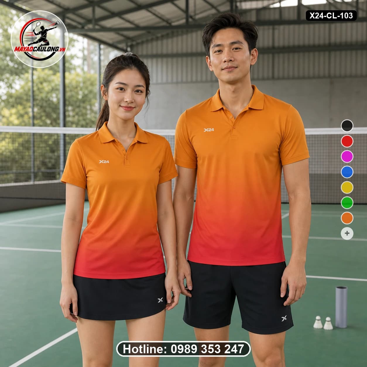 Áo cầu lông đặt may X24-CL-103 cam vàng, cam đỏ, đỏ san hô áo có cổ, tay ngắn - ảnh sản phẩm 1