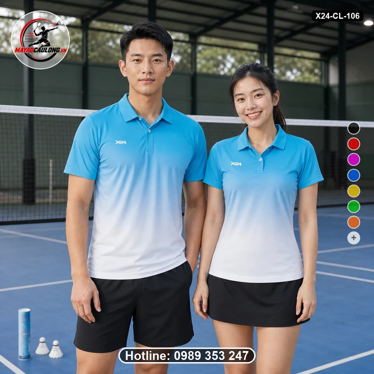 Áo cầu lông đặt may X24-CL-106 xanh cyan, xanh da trời, trắng áo có cổ, tay ngắn - ảnh sản phẩm 1