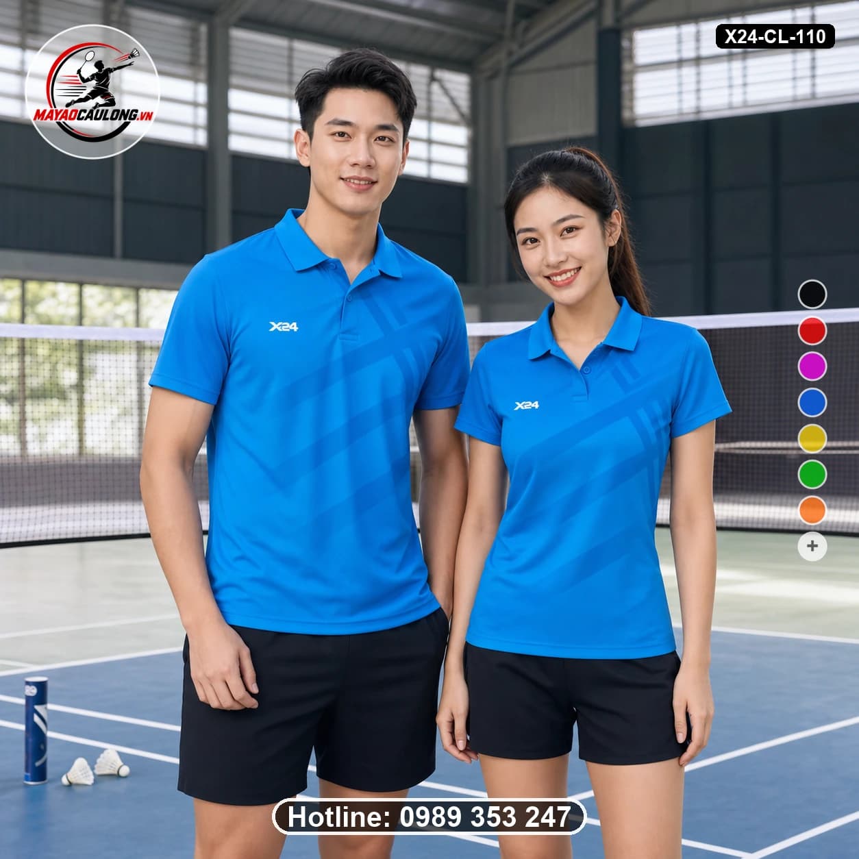 Áo cầu lông đặt may X24-CL-110 xanh ya, xanh cyan, xanh đậm áo có cổ, tay ngắn - ảnh sản phẩm 1